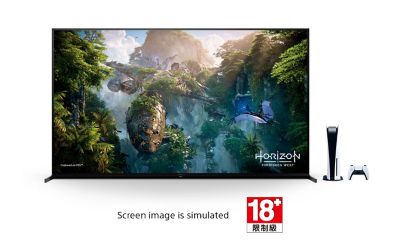 Sony 顯示器影像，螢幕上遊戲正進行中 。Playstation 5 置於其側，下面是年齡警告標誌。