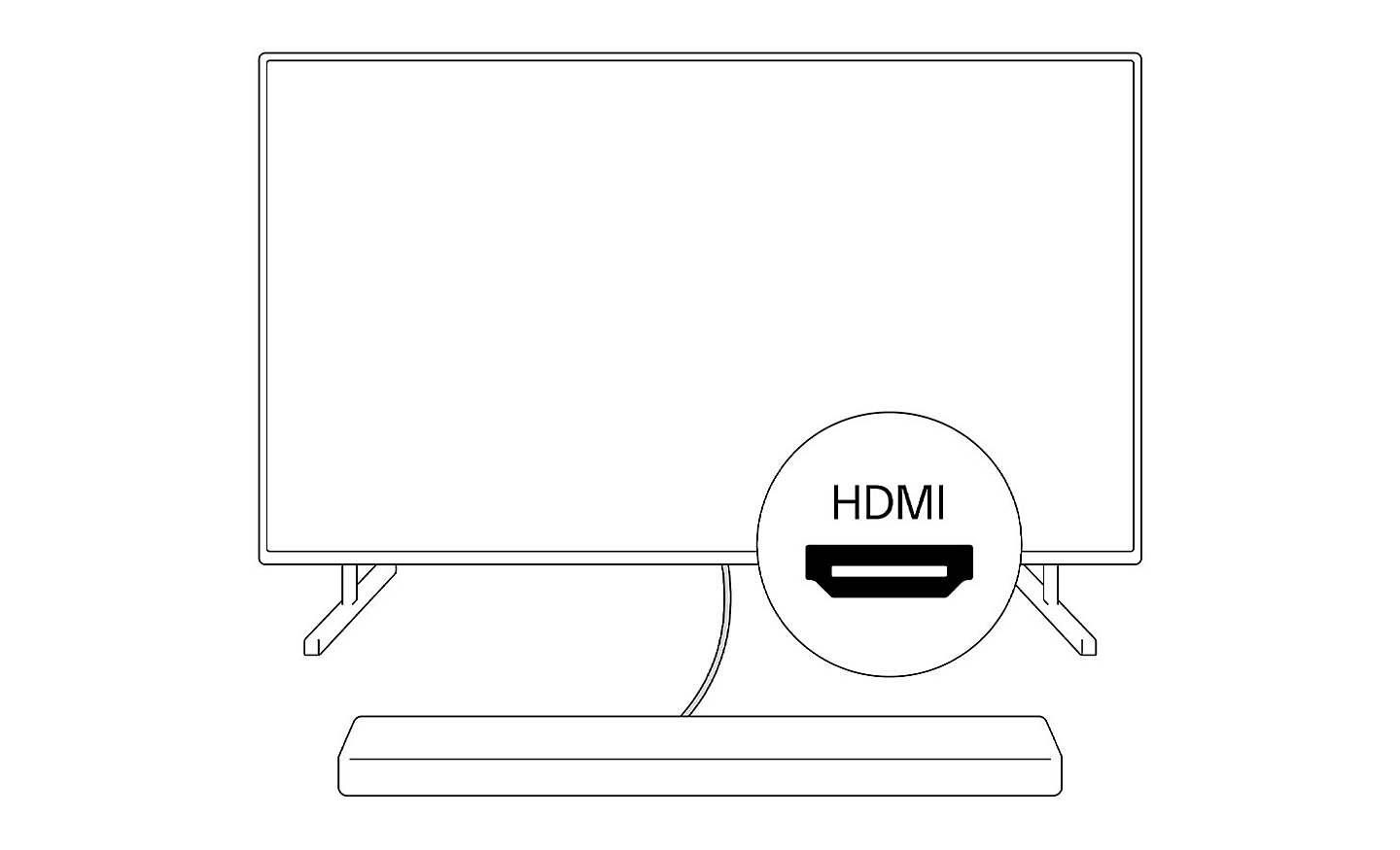Outline image of a soundbar connecting to a TV with a HDMI icon in a circle
