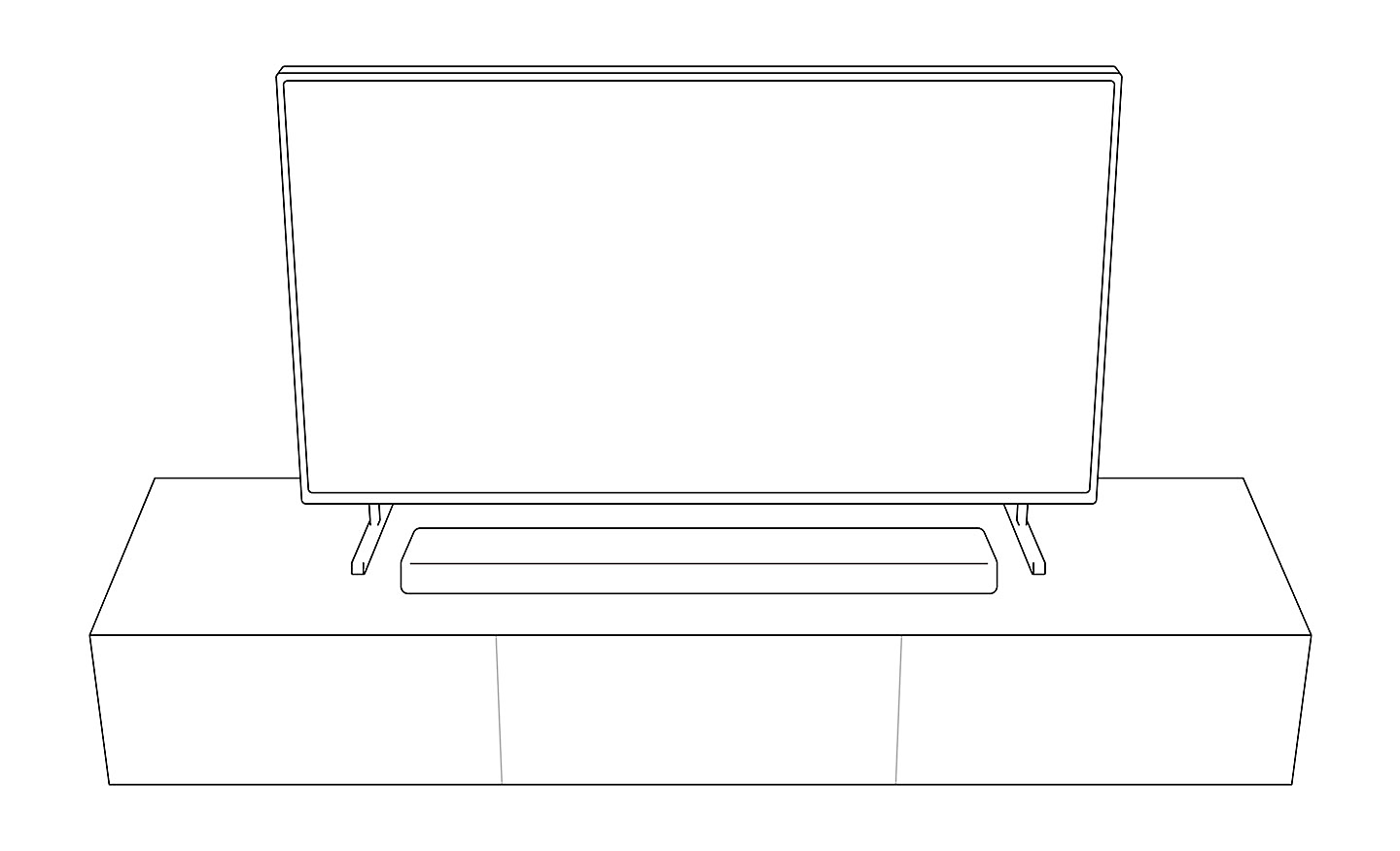 Outline 3d image of a TV and soundbar sitting on a TV unit