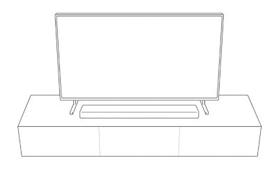 Imagen en 3D de una silueta de un TV y una barra de sonido en un mueble