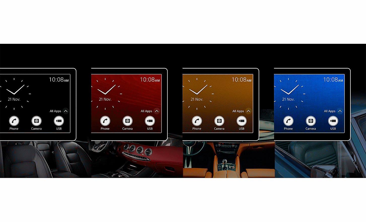 Štyri mediálne prijímače XAV-AX4050 s hodinami a farebným pozadím na obrazovke nad obrázkami interiérov áut v podobných farbách