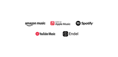 Amazon Music、Apple Music、Spotify、YouTube Music 和 Endel 的標誌