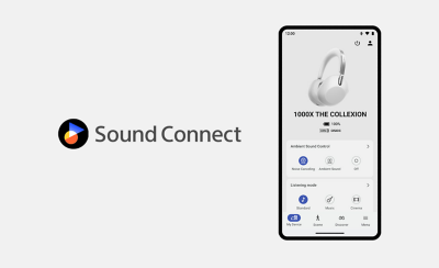 Sound Connect 的標誌與顯示 Sound Connect 應用程式目錄的手機圖片