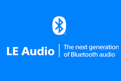 一個藍色方框內含藍牙符號及 LE Audio 字樣，代表新一代藍牙音訊技術