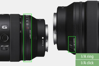 Split screen: left side view of lens with aperture ring and iris lock switch highlighted (left); right side view of lens with aperture ring click ON/OFF switch highlighted (right)