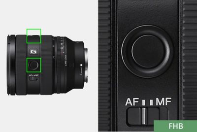 Split screen: side view of lens barrel with focus hold button highlighted (left); close-up of focus hold button and focus mode switch (right)