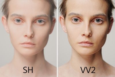 Two images of model with different color profiles