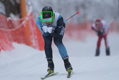 A ski racer with an AF frame on his head