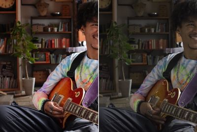 Imagem de um homem com uma guitarra Comparação dos efeitos à esquerda e direita