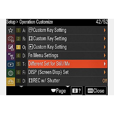 Set-up "Operation Customize" menu with cursor on "Different Set for Still/MV"