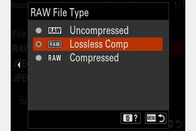 Menú "RAW File Type" (tipo de archivo RAW) con el cursor en "Lossless Comp" (compresión sin pérdidas)