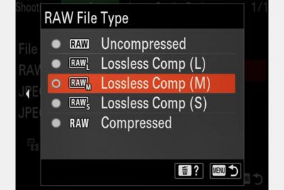 Obrazovka se zobrazenou nabídkou typů souborů RAW