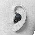 A geometric graphic illustration of a human ear with the LinkBuds Open inside, demonstrating their ergonomic fit.