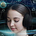 Image of a woman wearing headphones in a globe shaped net with various images circling her head
