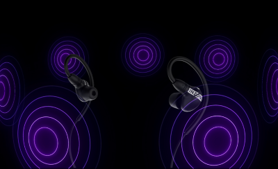 Vista de los INZONE E9 rodeados de anillos de sonido estilizados en la que se muestra el sonido Surround virtual 7.1.