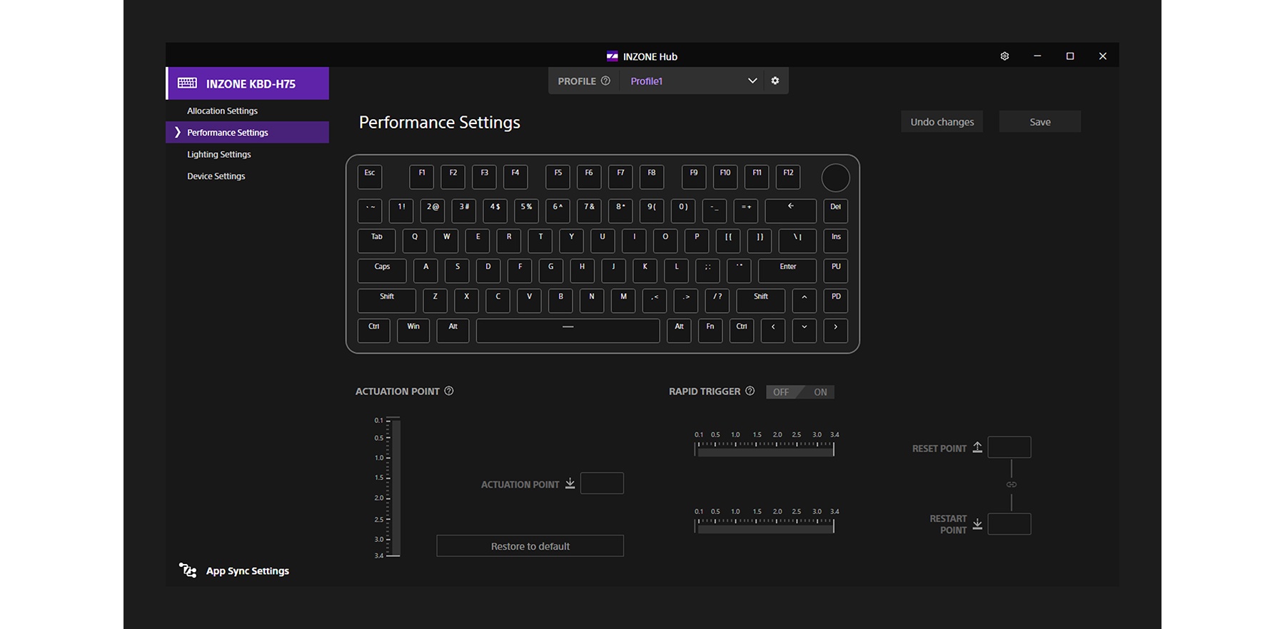 Sony INZONE Hub keyboard settings for INZONE KBD-H75