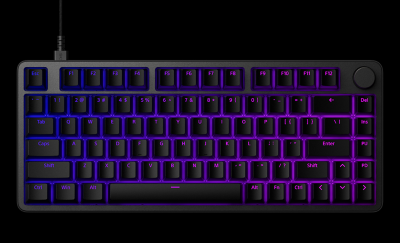 Teclado INZONE KBD-H75 iluminado con efectos RGB en degradado de color morado y azul en todas las teclas.