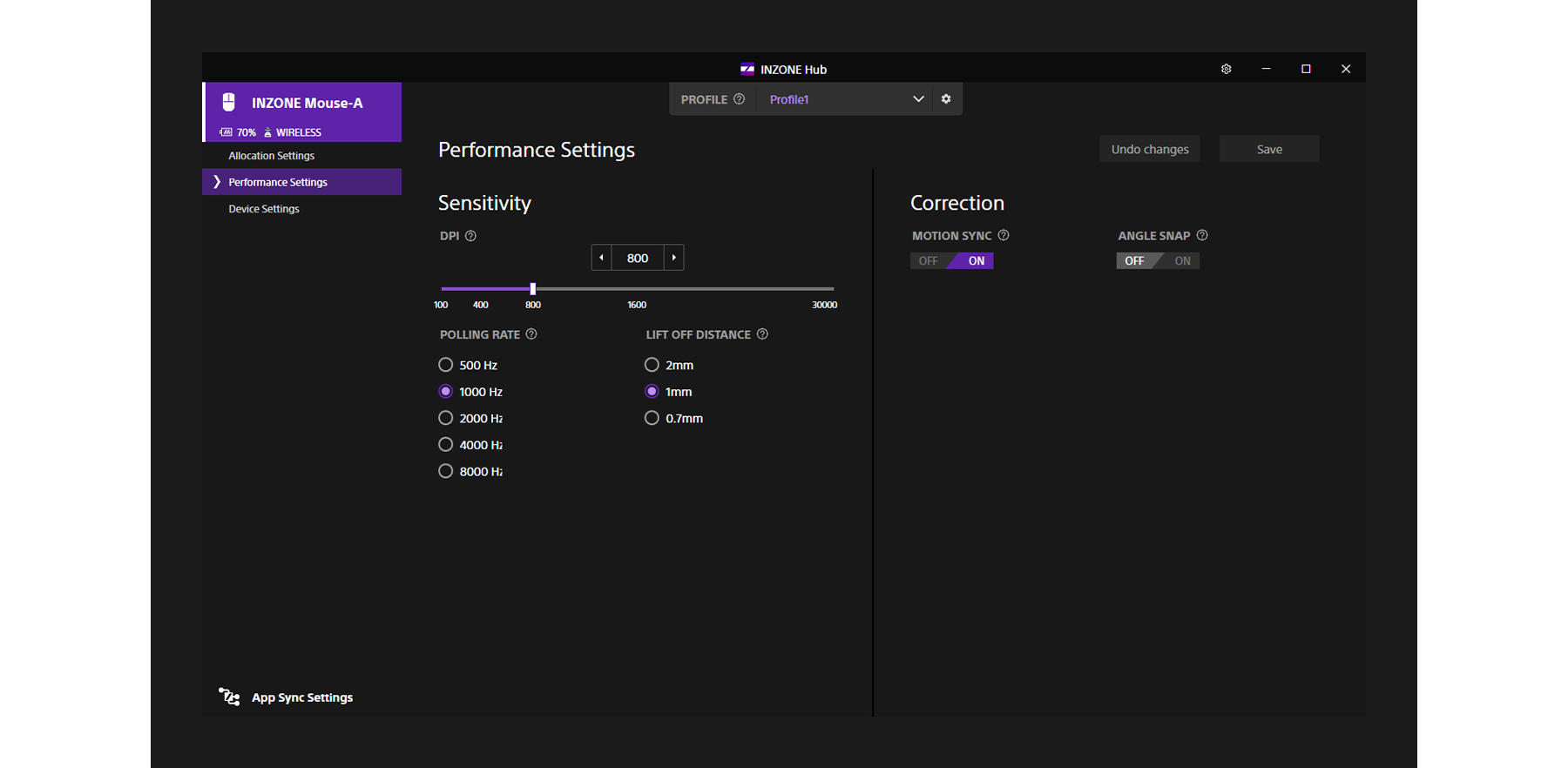 Sony INZONE Hub performance settings for INZONE Mouse-A