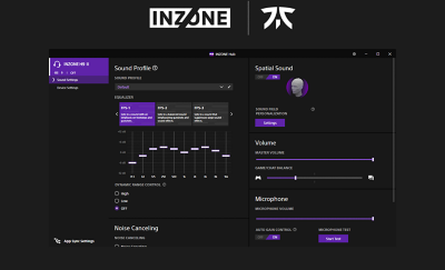 Экран INZONE Hub с интерфейсом звуковых предустановок от команды Fnatic по VALORANT.