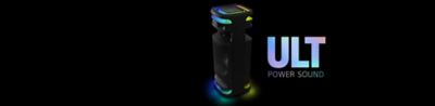 Side view of lit up ULT TOWER 10 with the words ULT POWER SOUND next to it.