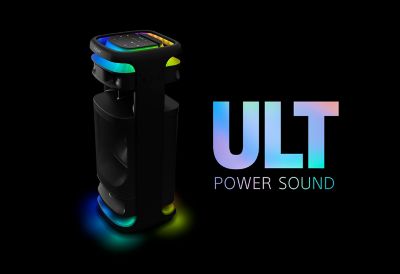Side view of lit up ULT TOWER 10 with the words ULT POWER SOUND next to it.