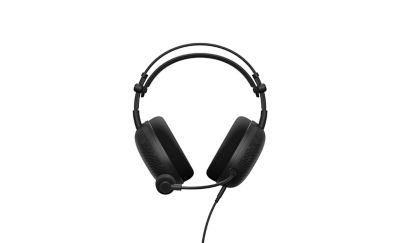 Vista de 360° de los audífonos tipo diadema negros sobre un fondo blanco