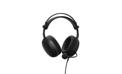 Vista de 360° de los audífonos tipo diadema negros sobre un fondo blanco