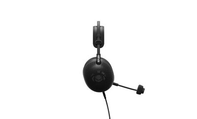 Vista de 360° de los audífonos tipo diadema negros sobre un fondo blanco