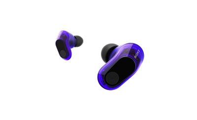 360 view of black and purple in ear buds on a white background