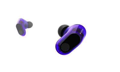 360 view of black and purple in ear buds on a white background