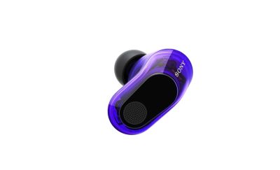 360 view of black and purple in ear buds on a white background