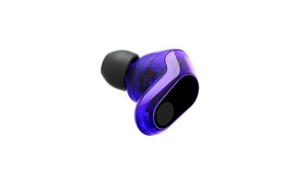 360 view of black and purple in ear buds on a white background