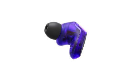 360 view of black and purple in ear buds on a white background