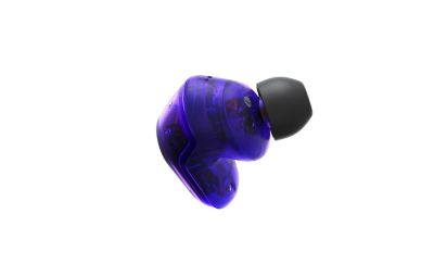 360 view of black and purple in ear buds on a white background