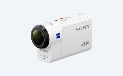 Vista angular de una Action Cam 4K Sony FDR-X3000R blanca
