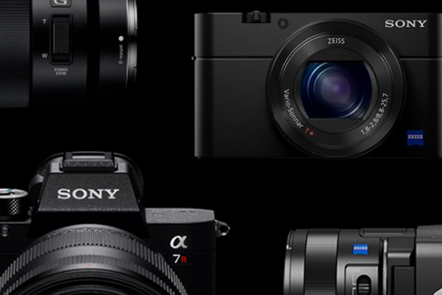 α Objektiv, α Kamera, Camcorder und Kompaktkamera vor einem schwarzen Hintergrund