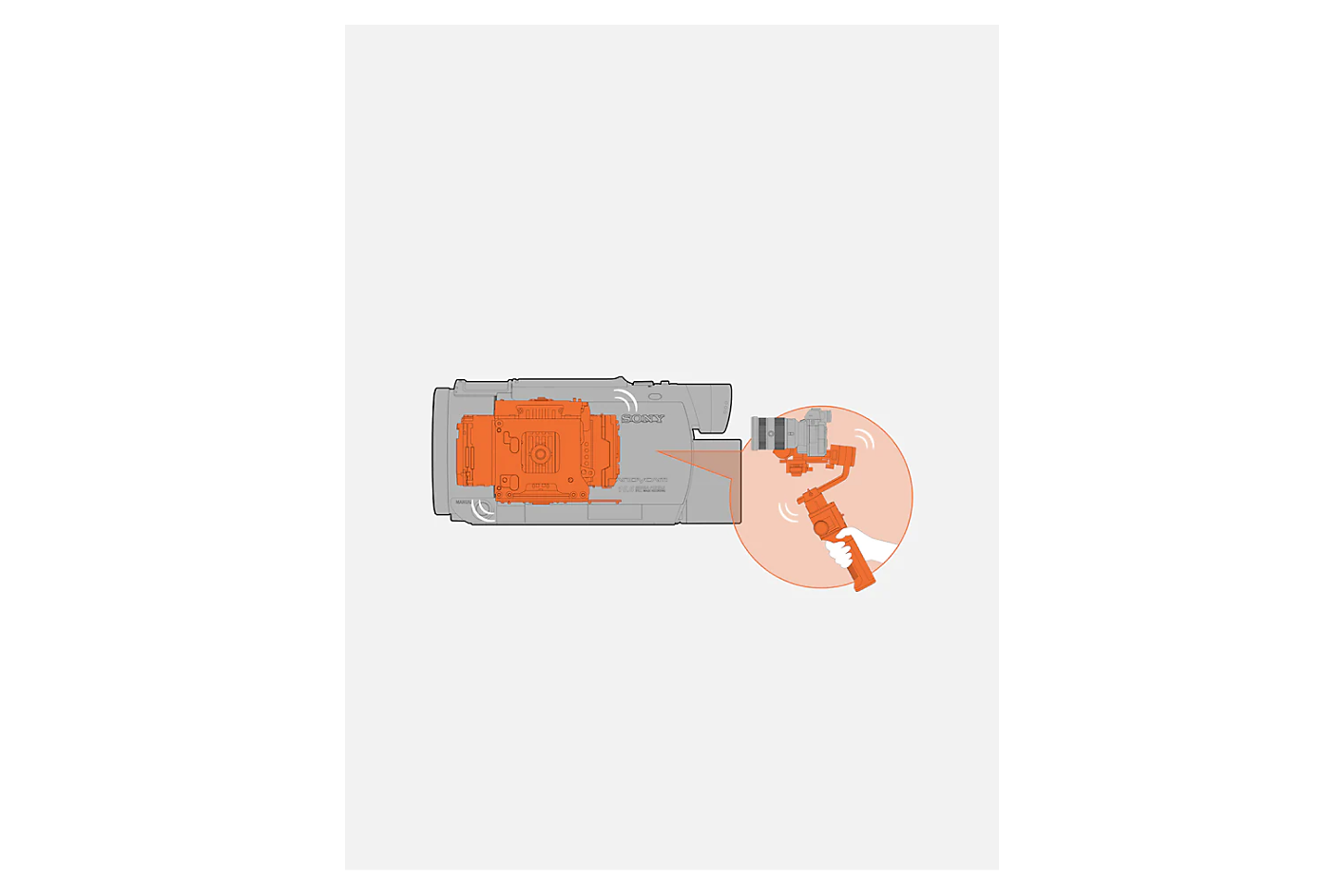 رسم تخطيطي لكاميرا فيديو رمادية مع آلية ذات محورين بالداخل بلون برتقالي