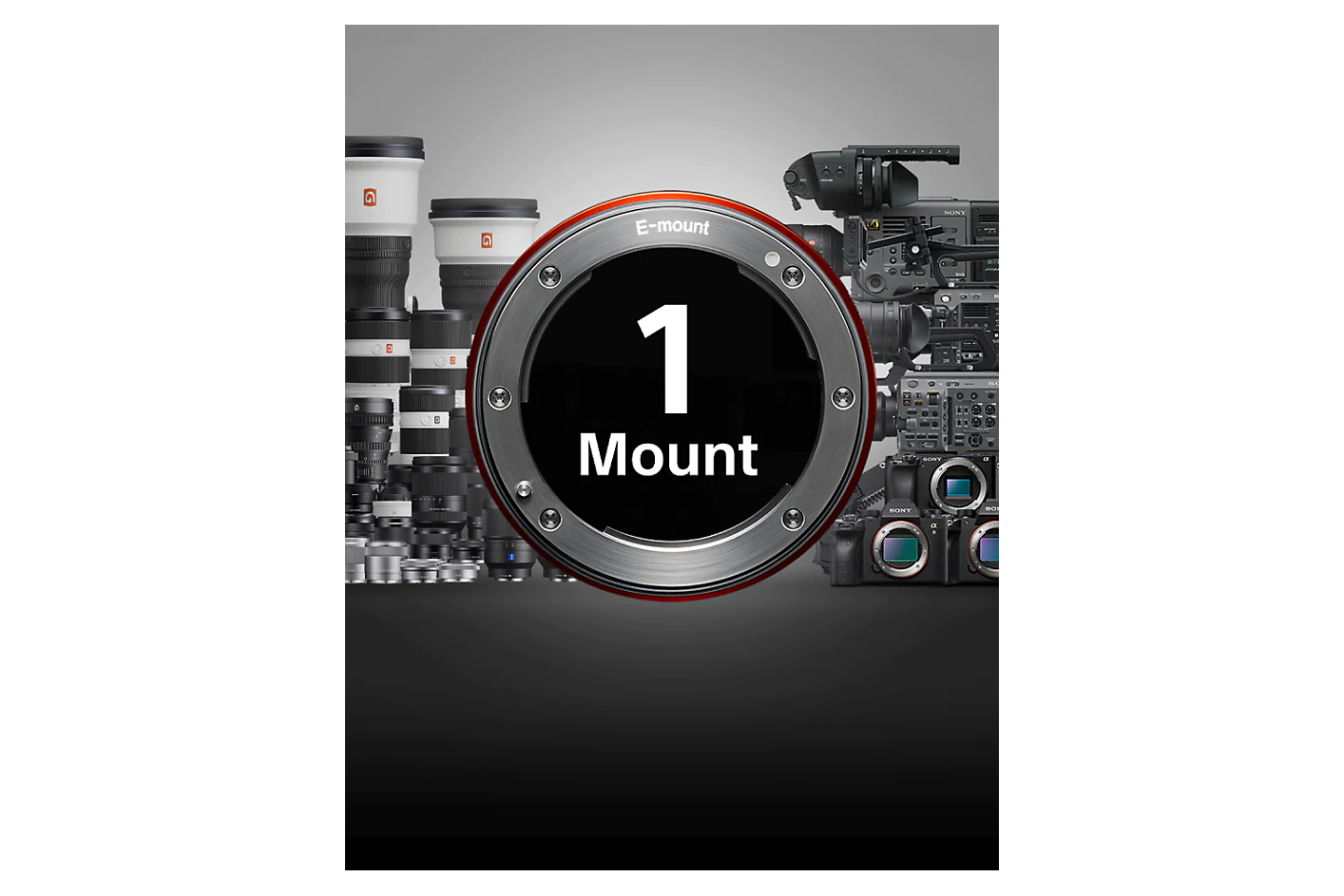 As palavras "1 mount" (1 suporte) são apresentadas dentro de um suporte de lente com uma variedade de lentes e câmaras num fundo cinzento e preto.