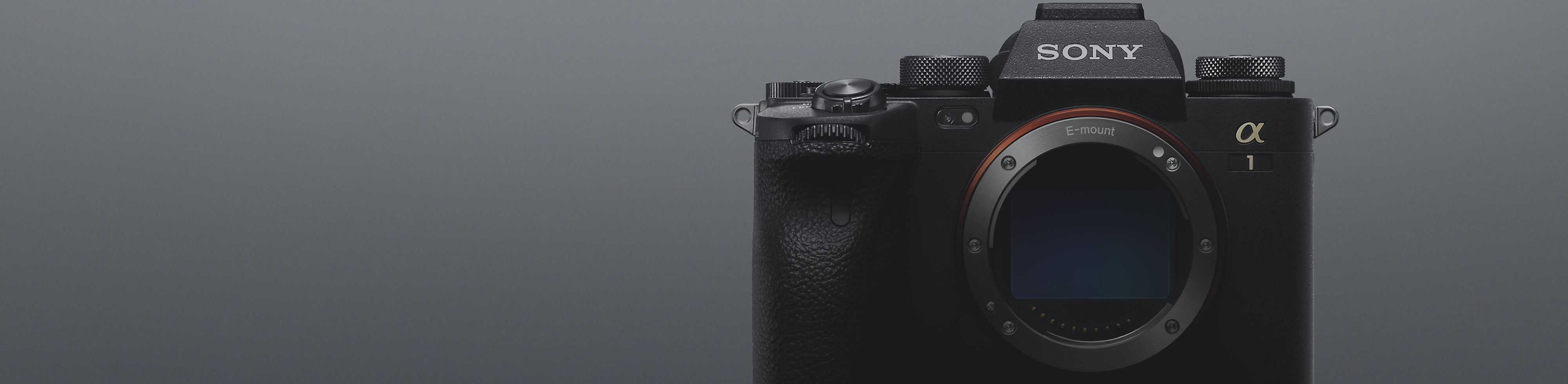 Front view of Sony Alpha 1 on grey background