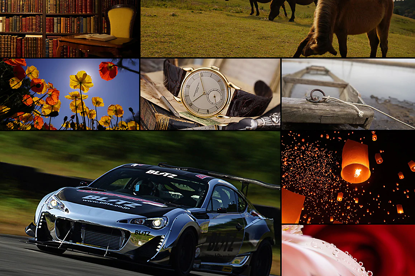 八幅圖像的彩色拼貼畫，包含賽車、馬匹、腕錶和鮮花