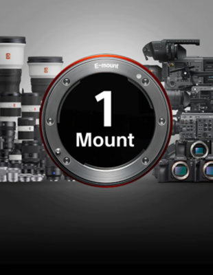 Надпись 1 mount нанесена внутри байонета с ассортиментом объективов и камер на серо-черном фоне.