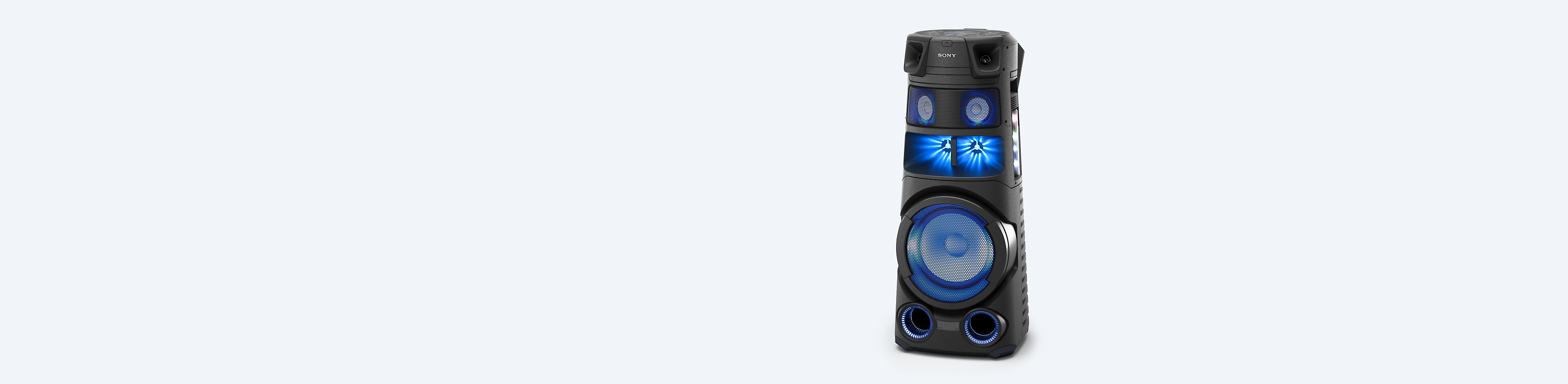 Krachtig audiosysteem van Sony op blauwe achtergrond