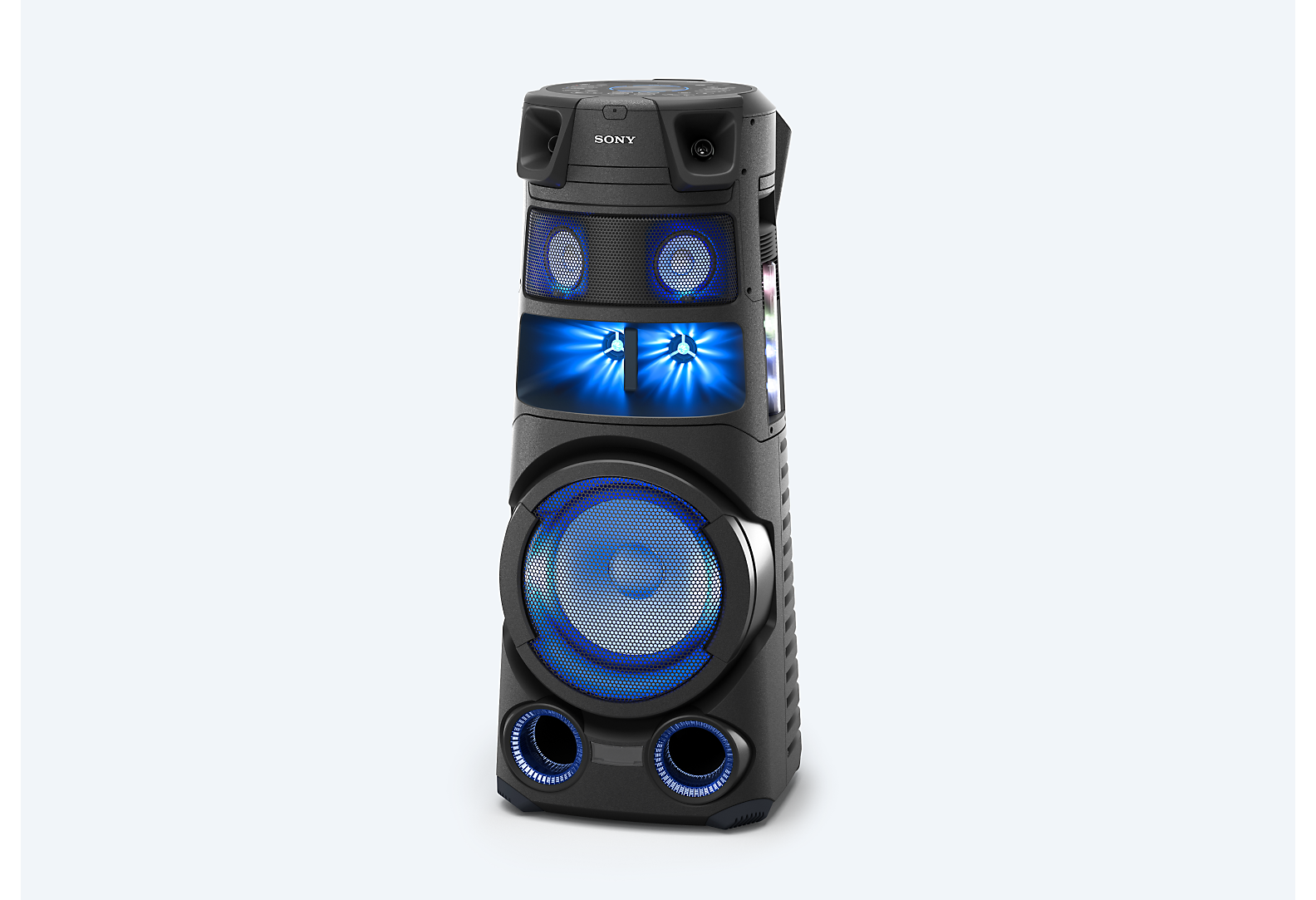 Sistem audio high power Sony dengan latar belakang biru