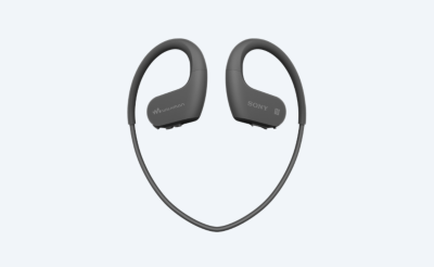 Behind-the-neck in-ear headphones for sport on grey background