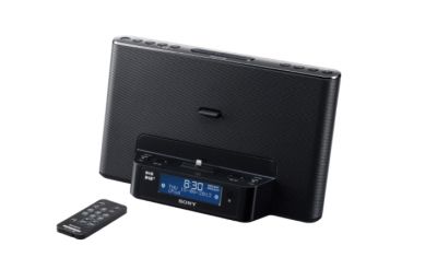 Visão traseira da caixa de som tipo dock station Sony na cor preta