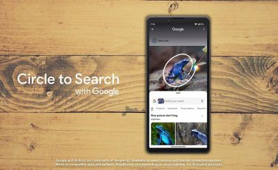 Un smartphone con la función "Rodea para buscar con Google", donde se ha rodeado una rana en la pantalla para mostrar resultados de búsqueda coincidentes.