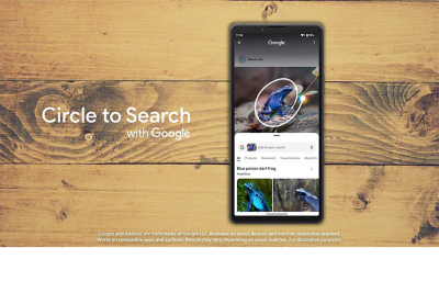 Un smartphone con la función "Rodea para buscar con Google", donde se ha rodeado una rana en la pantalla para mostrar resultados de búsqueda coincidentes.