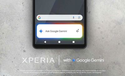 Primer plano de la pantalla de un smartphone Sony Xperia con una superposición en la que se lee "Pregúntale a Google Gemini" con un borde brillante y colorido.