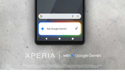 Primer plano de la pantalla de un smartphone Sony Xperia con una superposición en la que se lee "Pregúntale a Google Gemini" con un borde brillante y colorido.