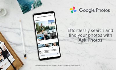 Un smartphone que muestra la función "Pídeselo a Fotos" en Google Fotos, junto con el texto "Busca y encuentra tus fotos sin esfuerzo con Pídeselo a Fotos.
